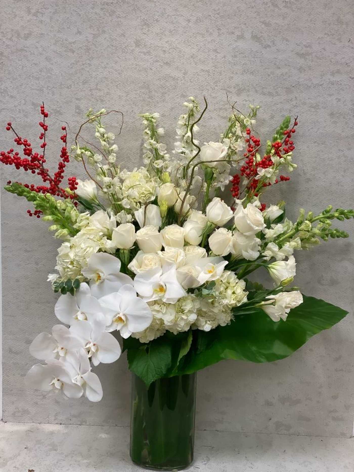 White Orchids Roses Tall Vase